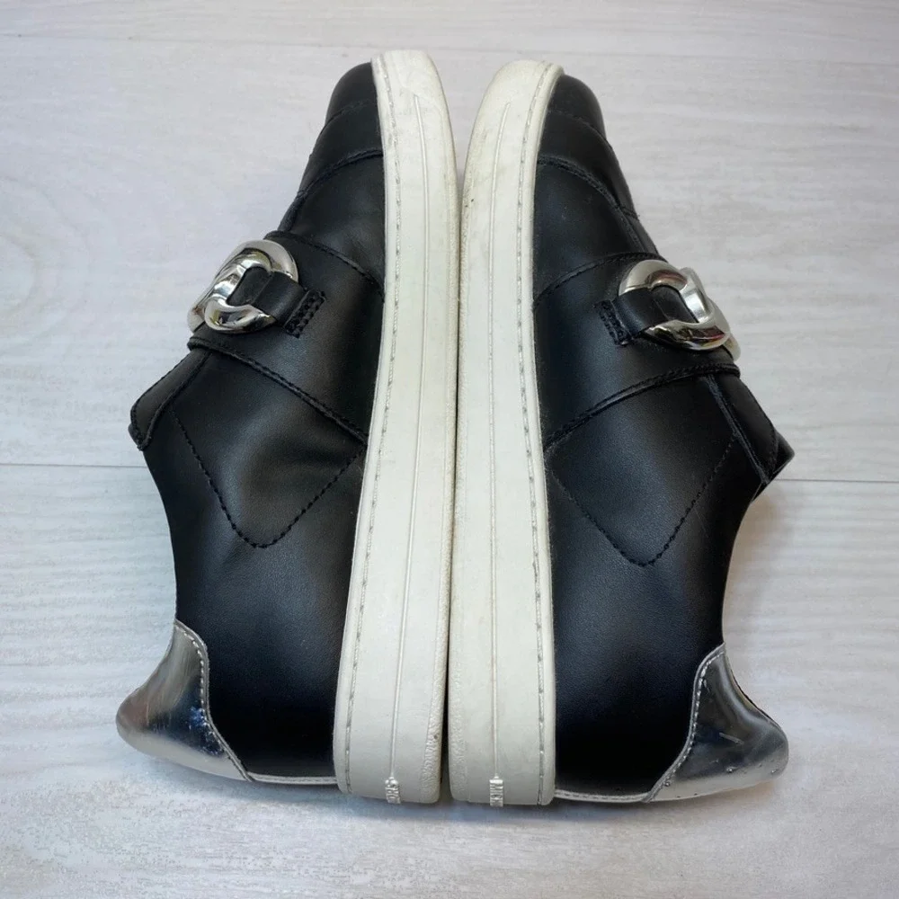 Michael Kors Womens 6.5M Slip On Sneaker Chain Strap Black Leather Silver FT20L